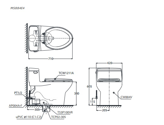 kich thuoc bon cau toto Eco washer MS884E4